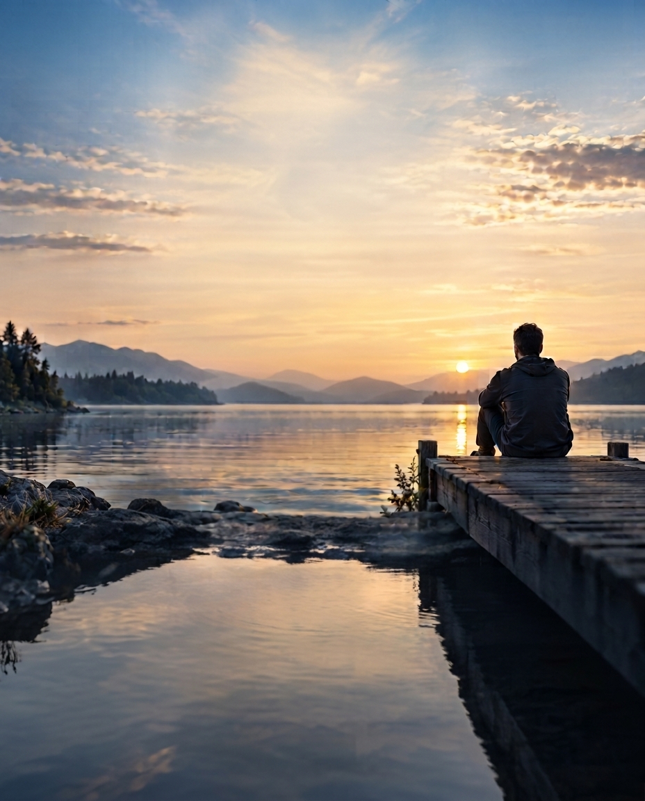 A man sits alone at the end of a wooden dock, looking out over a calm lake toward the sunrise and distant mountains.